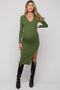 Green Ribbed Collared Fitted Side Slit Maternity Midi Dress
