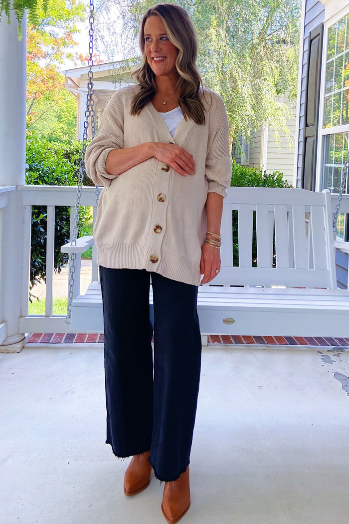 Beige Basic Ribbed Maternity Cardigan Sweater