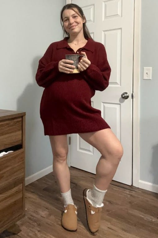 Burgundy Collared Button Front Maternity Sweater Dress