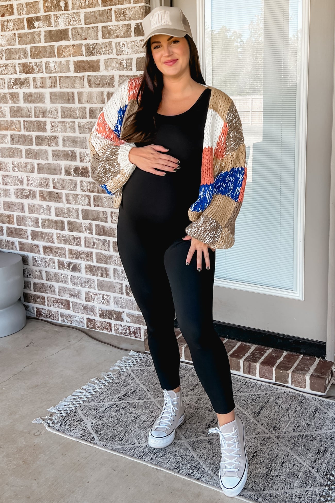 Brown Color Block Checkered Thick Knit Maternity Cardigan