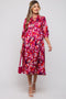 Magenta Floral Satin Ruffle Neck Maternity Midi Dress