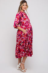 Magenta Floral Satin Ruffle Neck Maternity Midi Dress