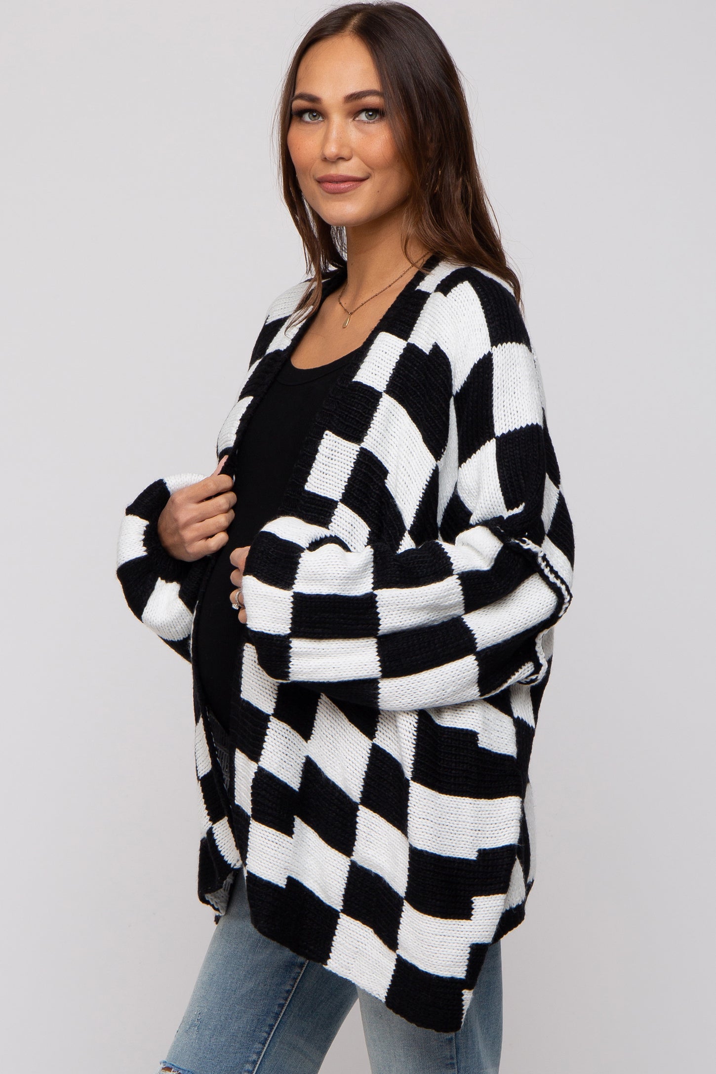 Black Checkered Print Oversized Maternity Cardigan