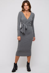 Grey Ribbed Long Sleeve Wrap Dress