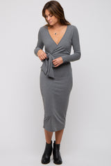Grey Ribbed Long Sleeve Wrap Dress
