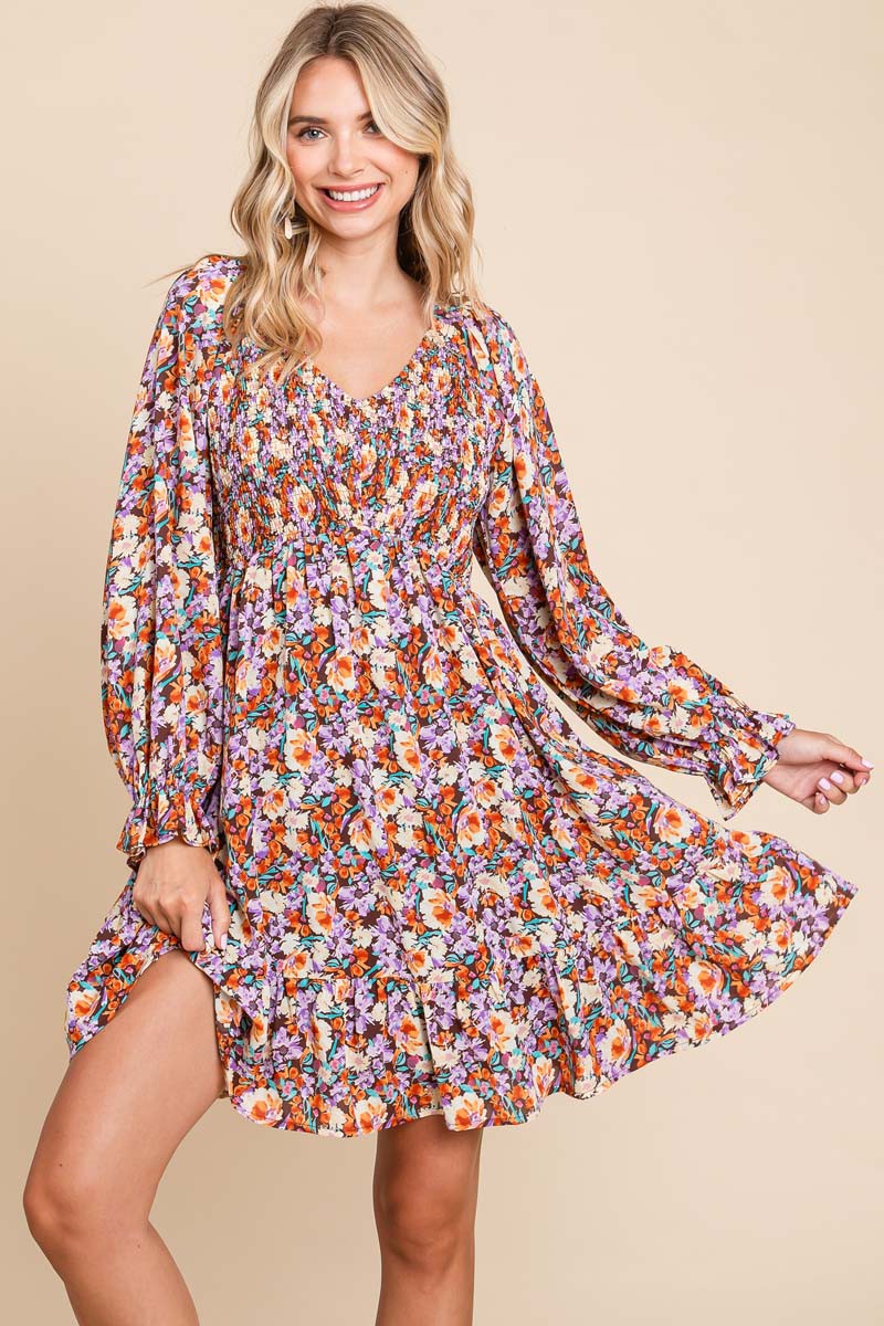 Brown Floral Smocked V-Neck Dress