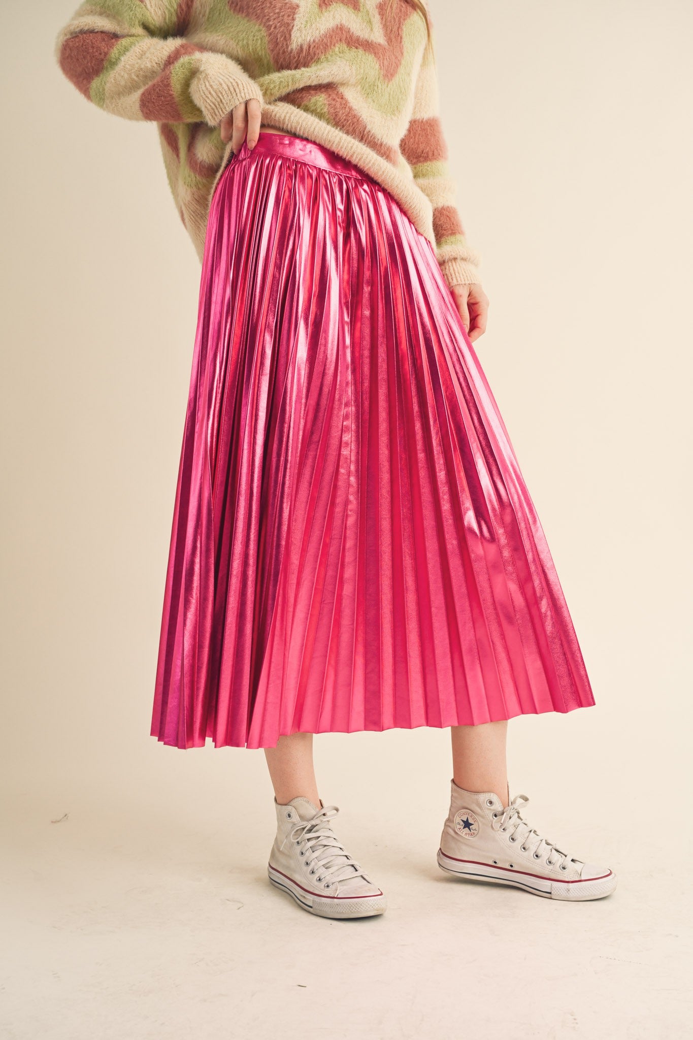 Pink Metallic Pleated Midi Skirt