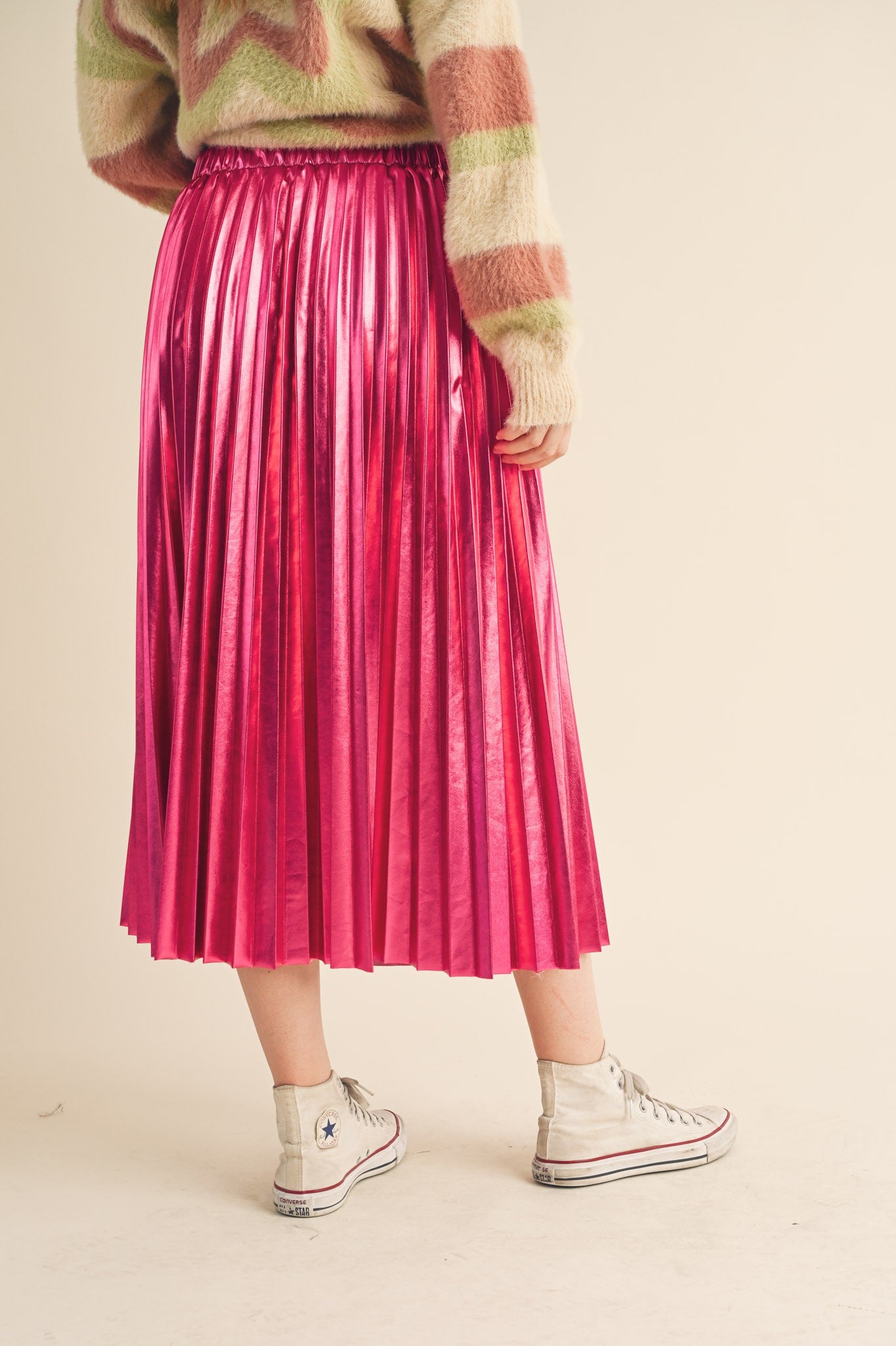 Pink Metallic Pleated Midi Skirt