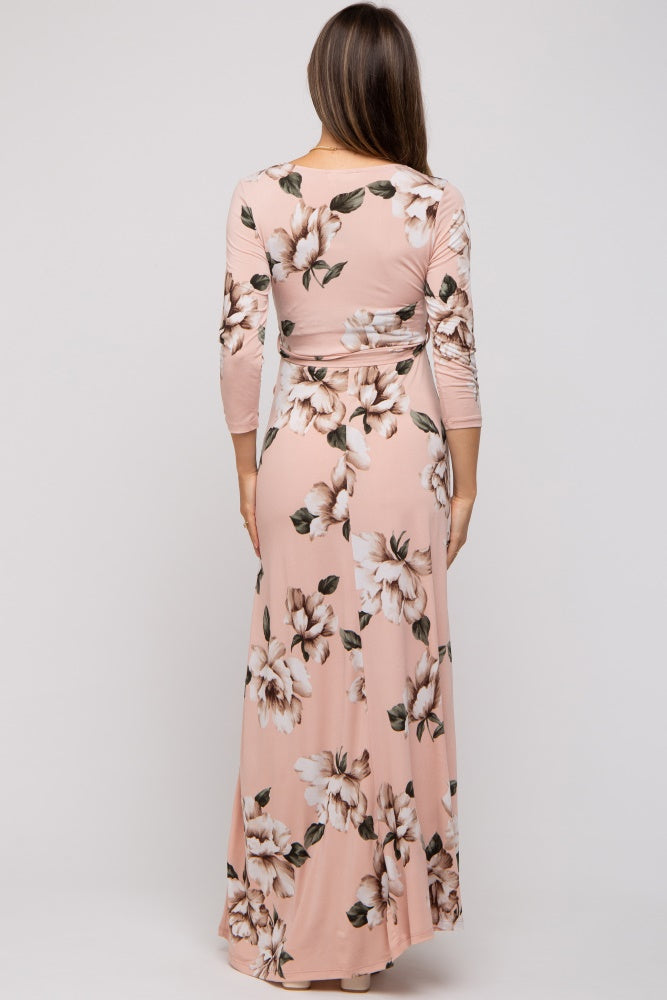 Light Pink Floral Wrap Maternity Maxi Dress