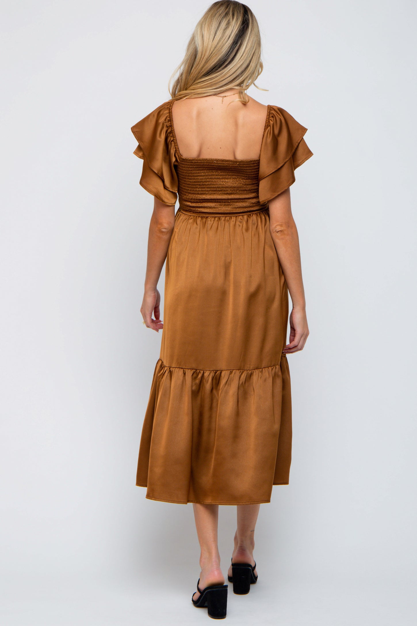 Camel Satin Flutter Sleeve Maternity Midi Dress
