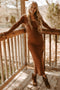 Brown Ribbed Side Slit Maternity Midi Dress