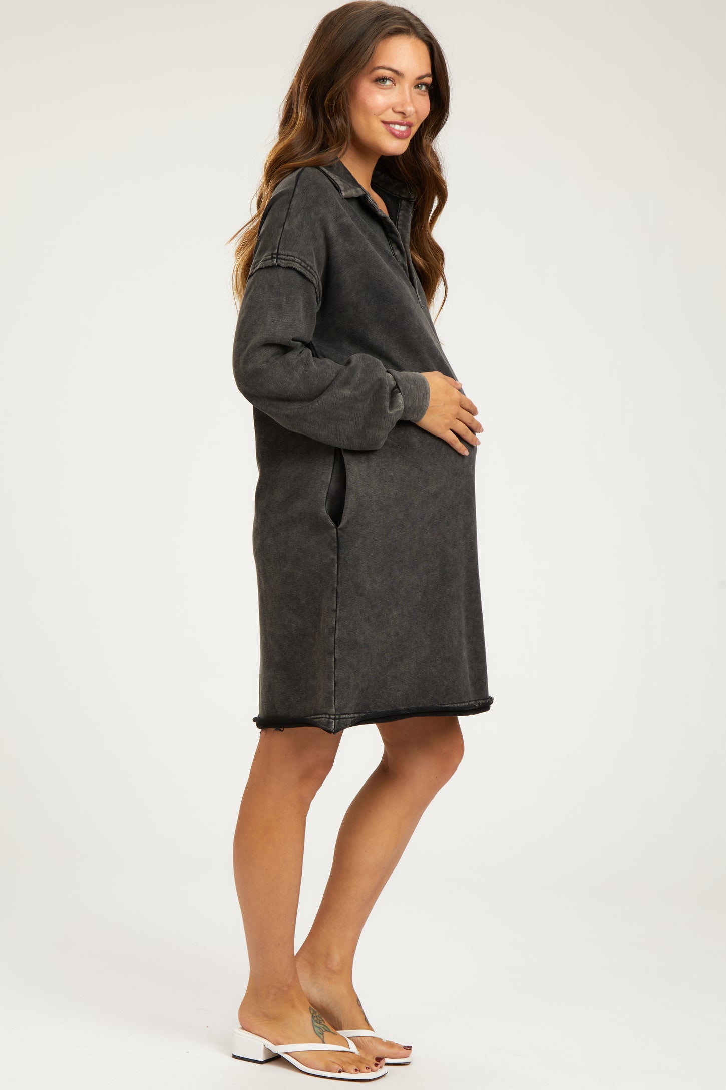 Charcoal Collared French Terry Raw Edge Maternity Dress