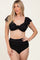 Black Ribbed Ruffle Shoulder Front Tie High Waist Two-Piece Swimsuit
