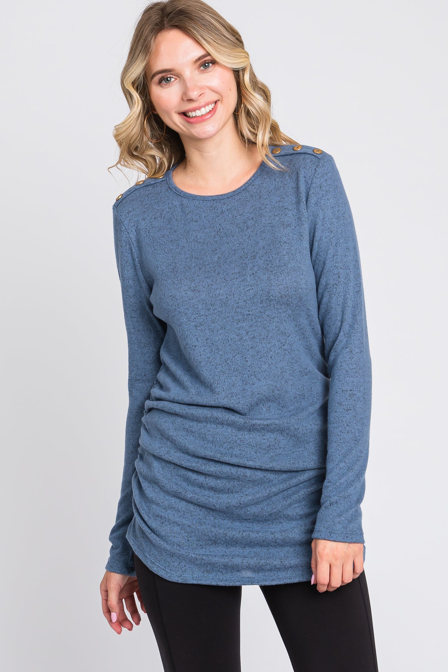 Blue Soft Knit Button Shoulder Ruched Side Top