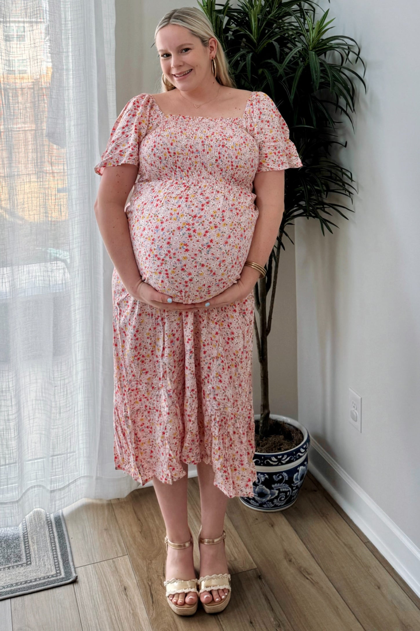 Light Pink Floral Smocked Maternity Maxi Dress