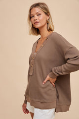 Mocha Waffle Knit Deep V-Neck Top