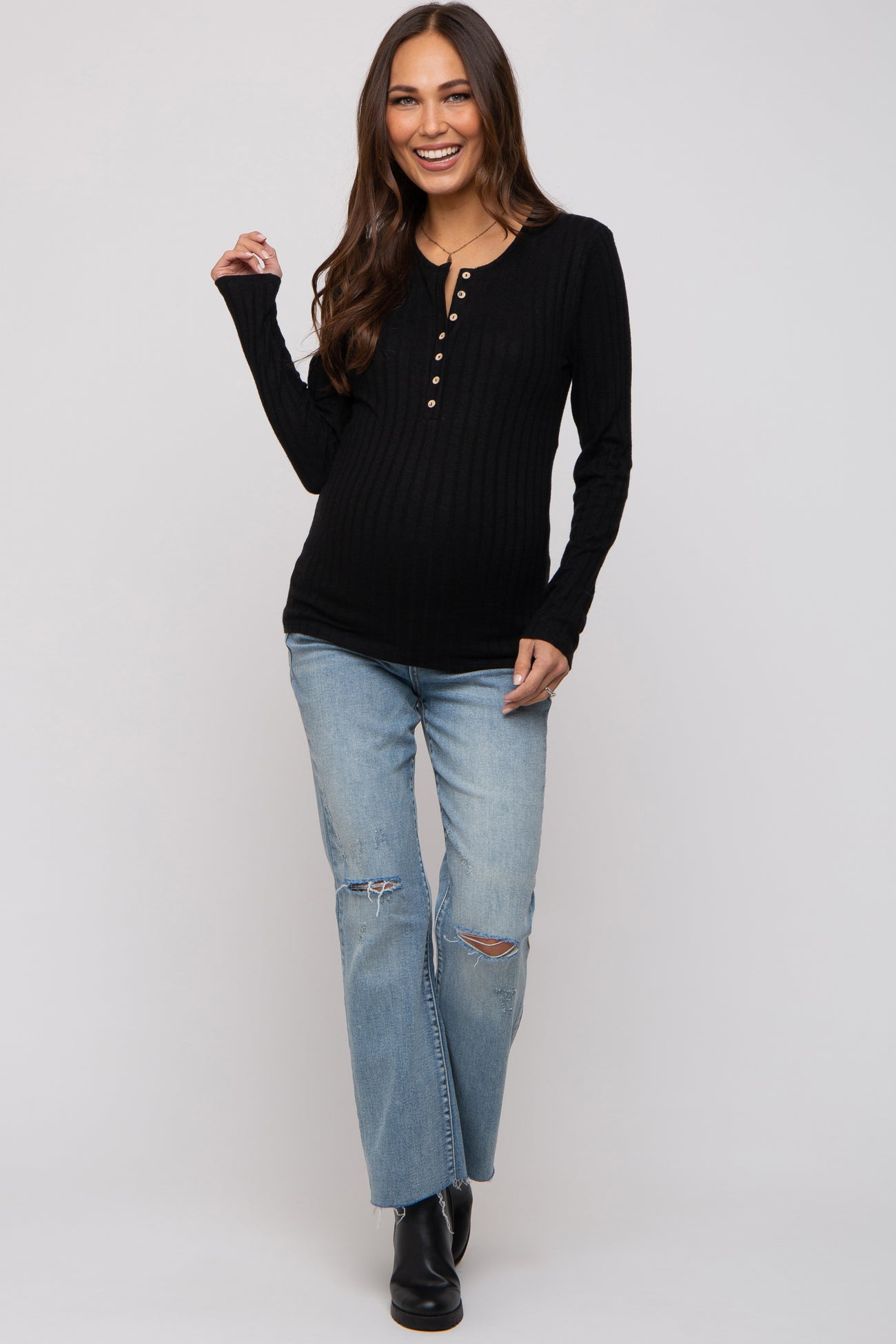 Black Ribbed Knit Button Long Sleeve Maternity Top