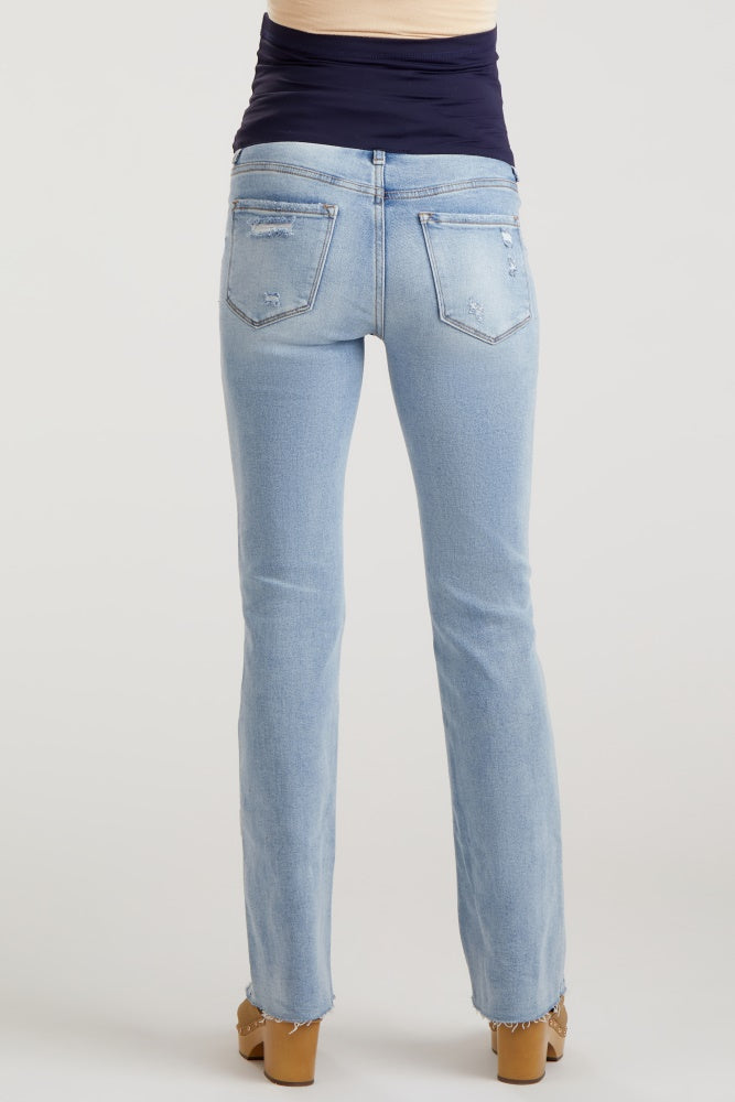 maternity wear light blue distressed straight leg jeans viewed from the back