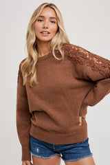 Mocha Crochet Lace Shoulder Maternity Sweater