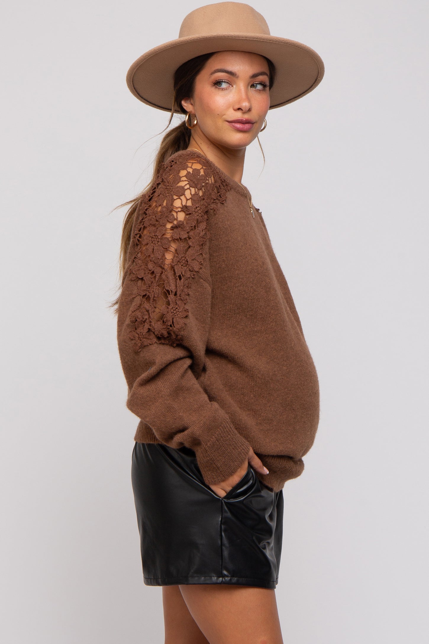 Mocha Crochet Lace Shoulder Maternity Sweater