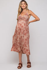 Rust Floral Front Cutout Side Slit Maternity Midi Dress
