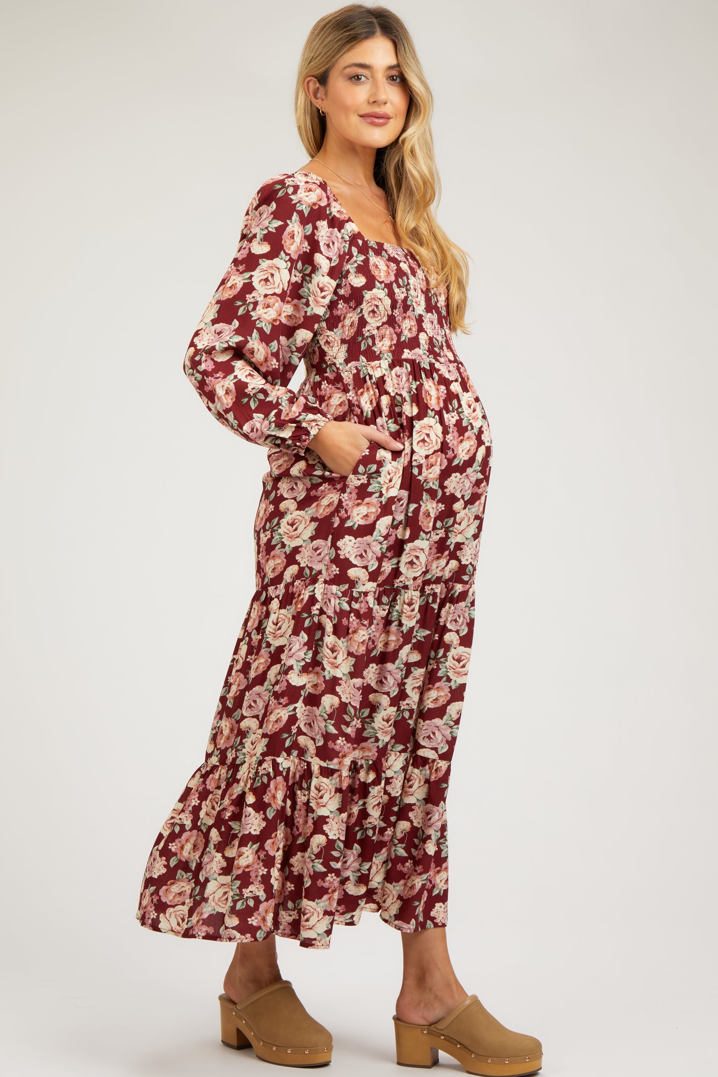 Burgundy Floral Long Sleeve Maternity Maxi Dress