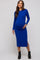 woman wearing a long sleeve blue maternity dress with a fitted silhouette and a visible baby bump