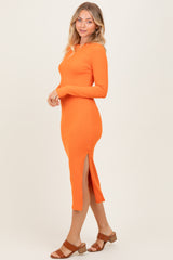 Orange Ribbed Mock Neck Long Sleeve Midi Dress
