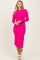 woman wearing a bright pink long sleeve ribbed midi dress and white slide sandals