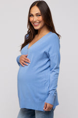 Light Blue Long Sleeve Side Slit Maternity Sweater