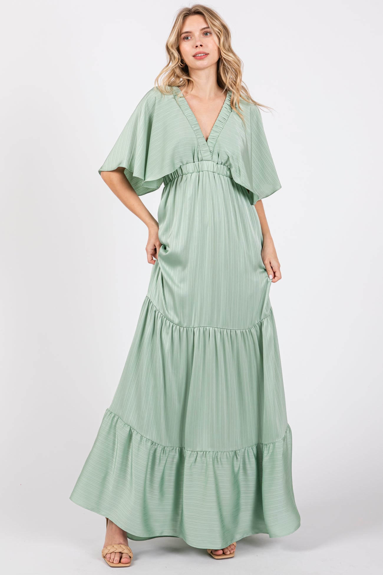 Mint V-Neck Flutter Sleeve Tiered Maxi Dress