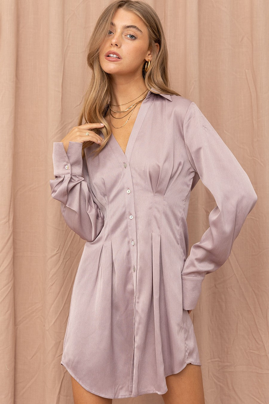 Ash Lilac Satin Shirt Dress