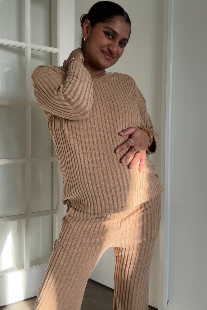 Mocha Ribbed Soft Knit Long Sleeve Maternity Pajama Set