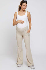 Beige V-Waist Ribbed Bootcut Maternity Leggings