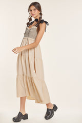 Beige Sleeveless Tiered Colorblock Strap Maxi Dress