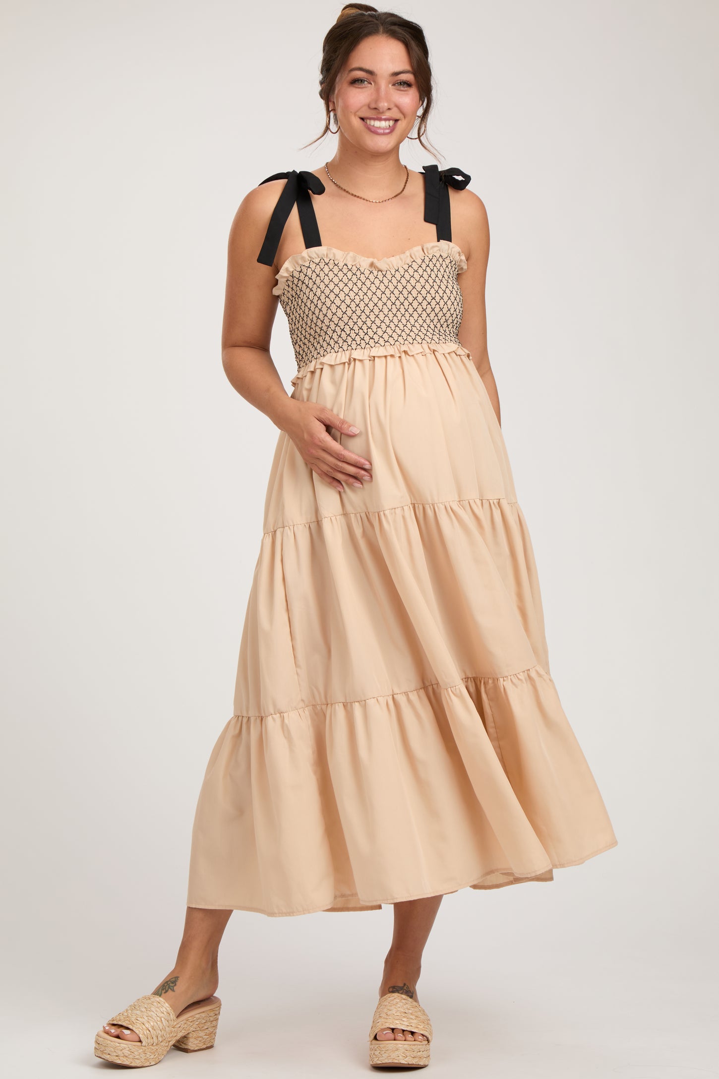 Beige Sleeveless Tiered Colorblock Strap Maternity Maxi Dress