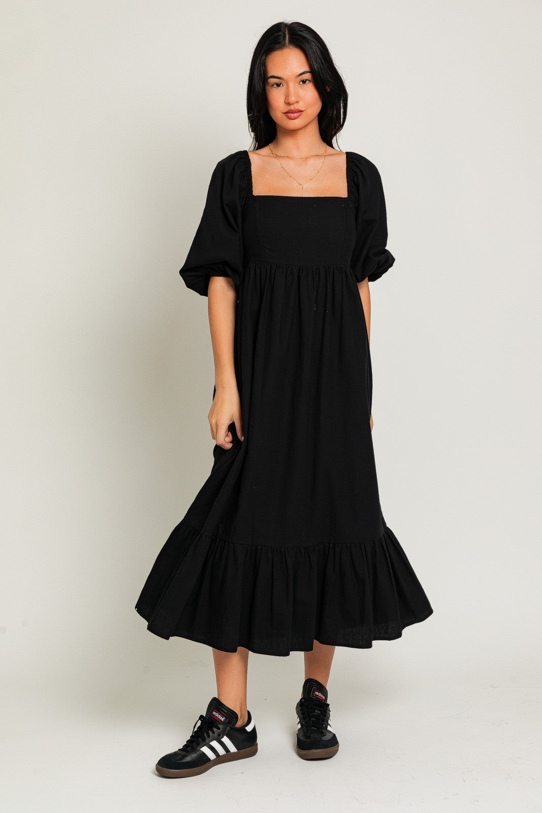 Black Square Neck Puff Sleeve Maternity Midi Dress