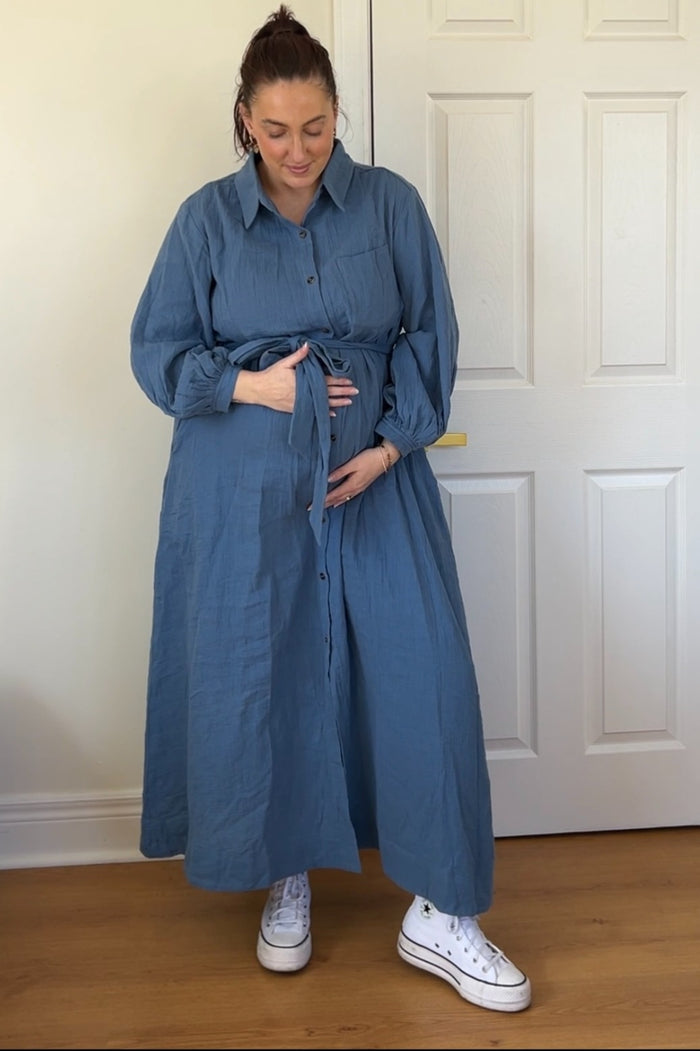 Blue Gauze Belted Shirt Maternity Midi Dress