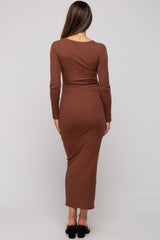 Brown Ribbed Fitted Long Sleeve Maternity Midi Dress