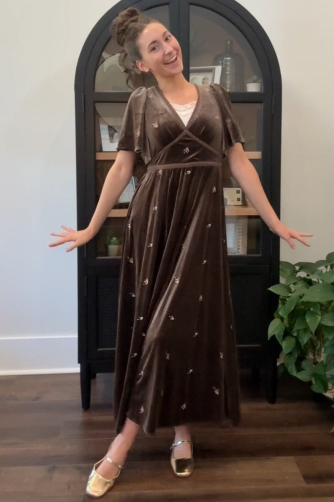 Pewter All Over Floral Embroidered Velvet Maxi Dress