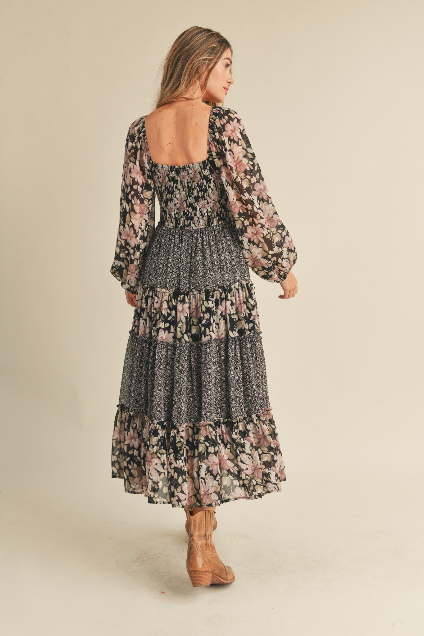 Black Floral Mixed Patchwork Print Ruffle Trim Midi Dress