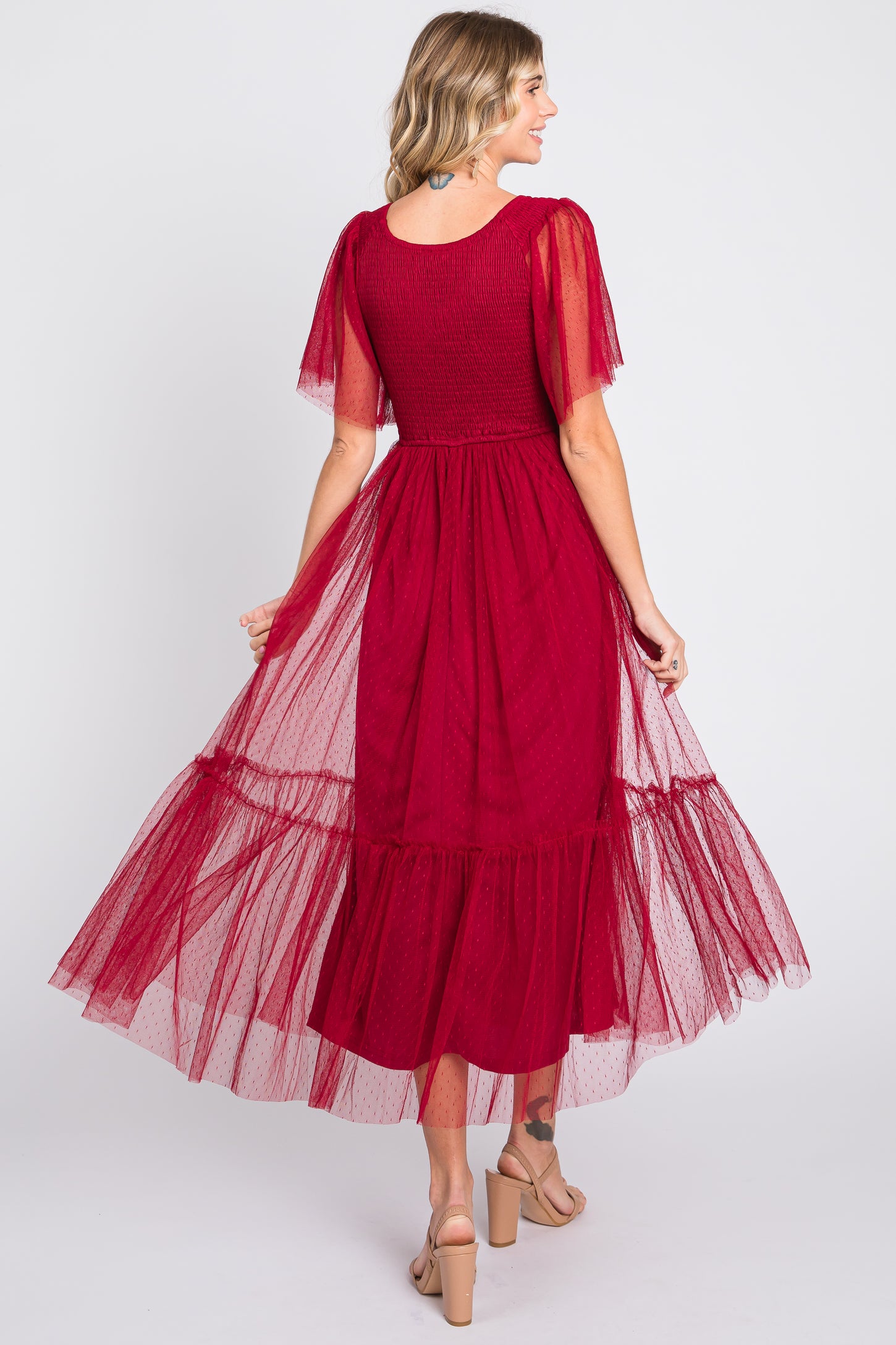 Burgundy Dotted Tulle Smocked Midi Dress