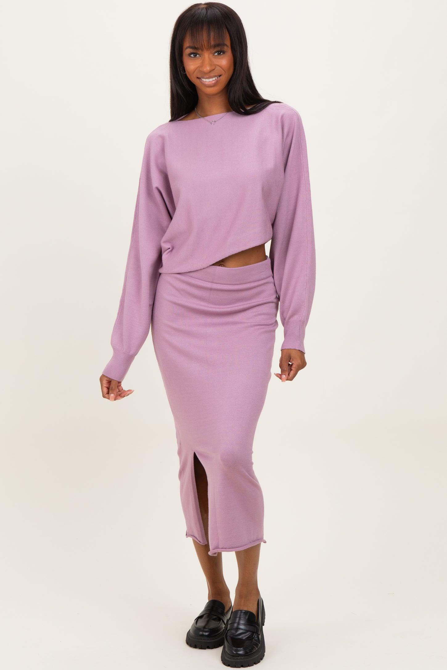 Mauve Knit Long Sleeve Crop Top Midi Skirt Set