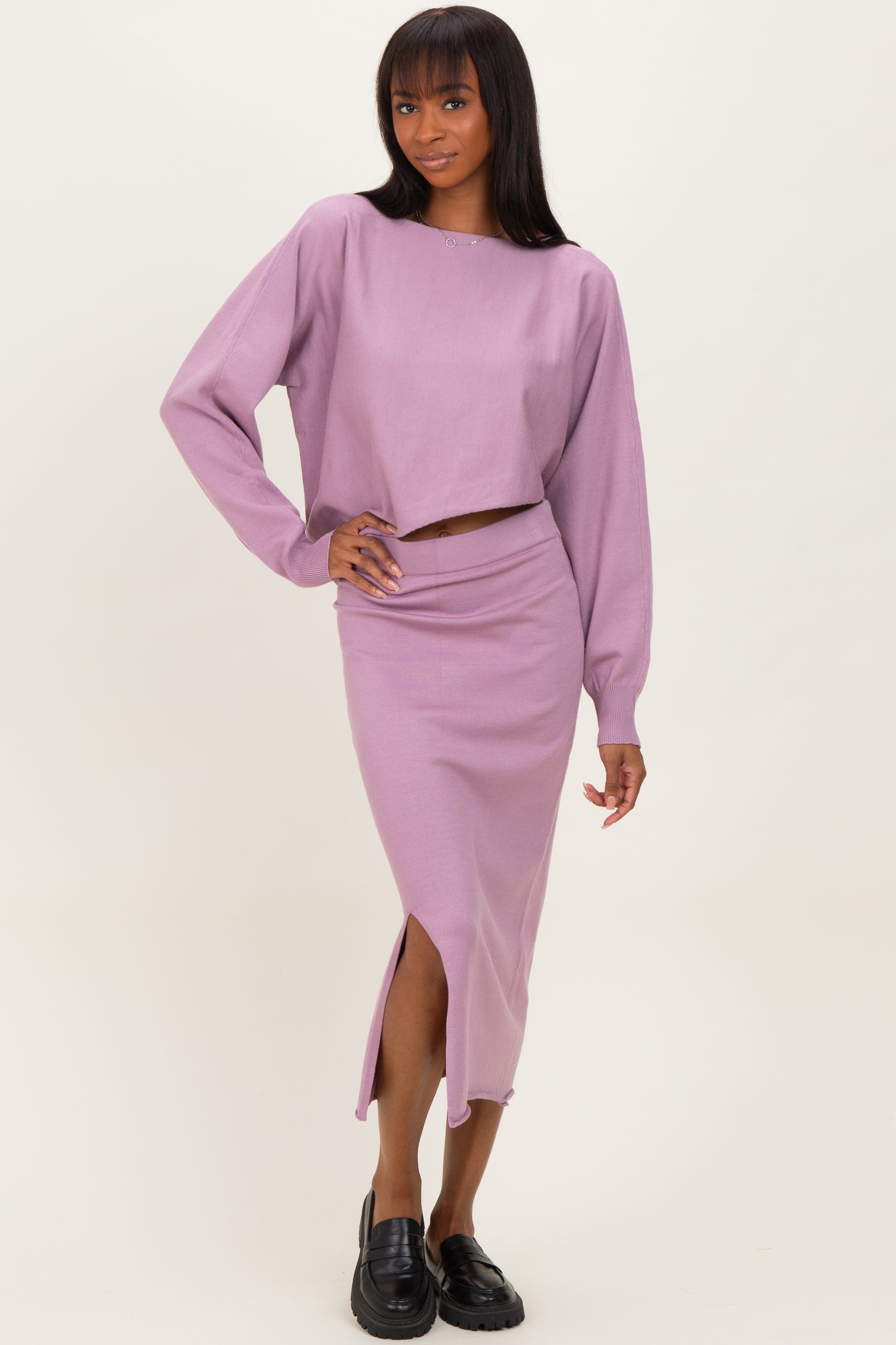 Mauve Knit Long Sleeve Crop Top Midi Skirt Set