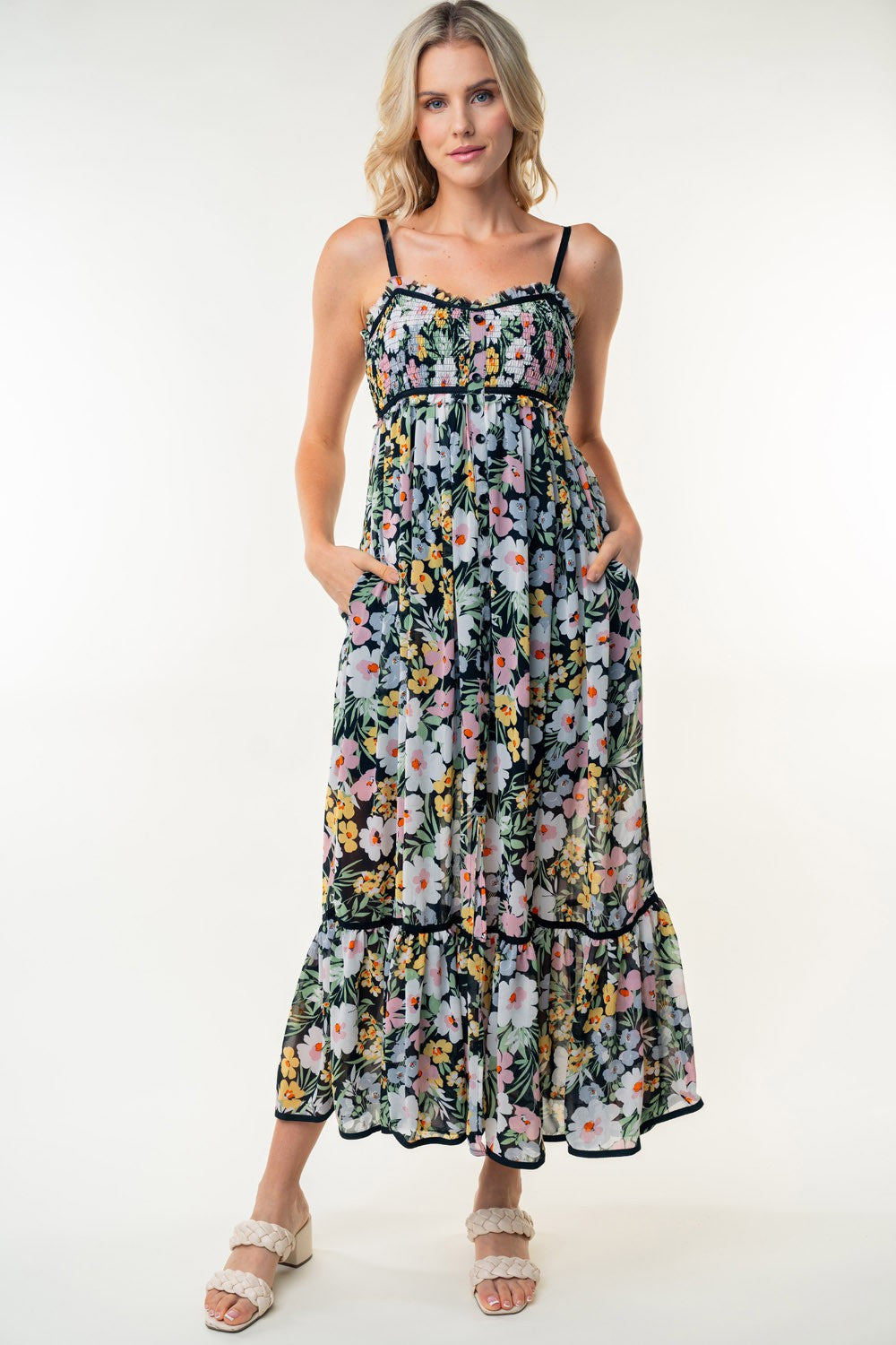 Black Floral Smocked Button Accent Maternity Maxi Dress