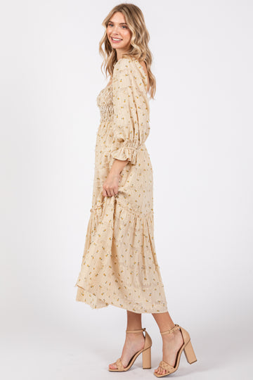 Beige Floral Square Neck Smocked Fringe Midi Dress