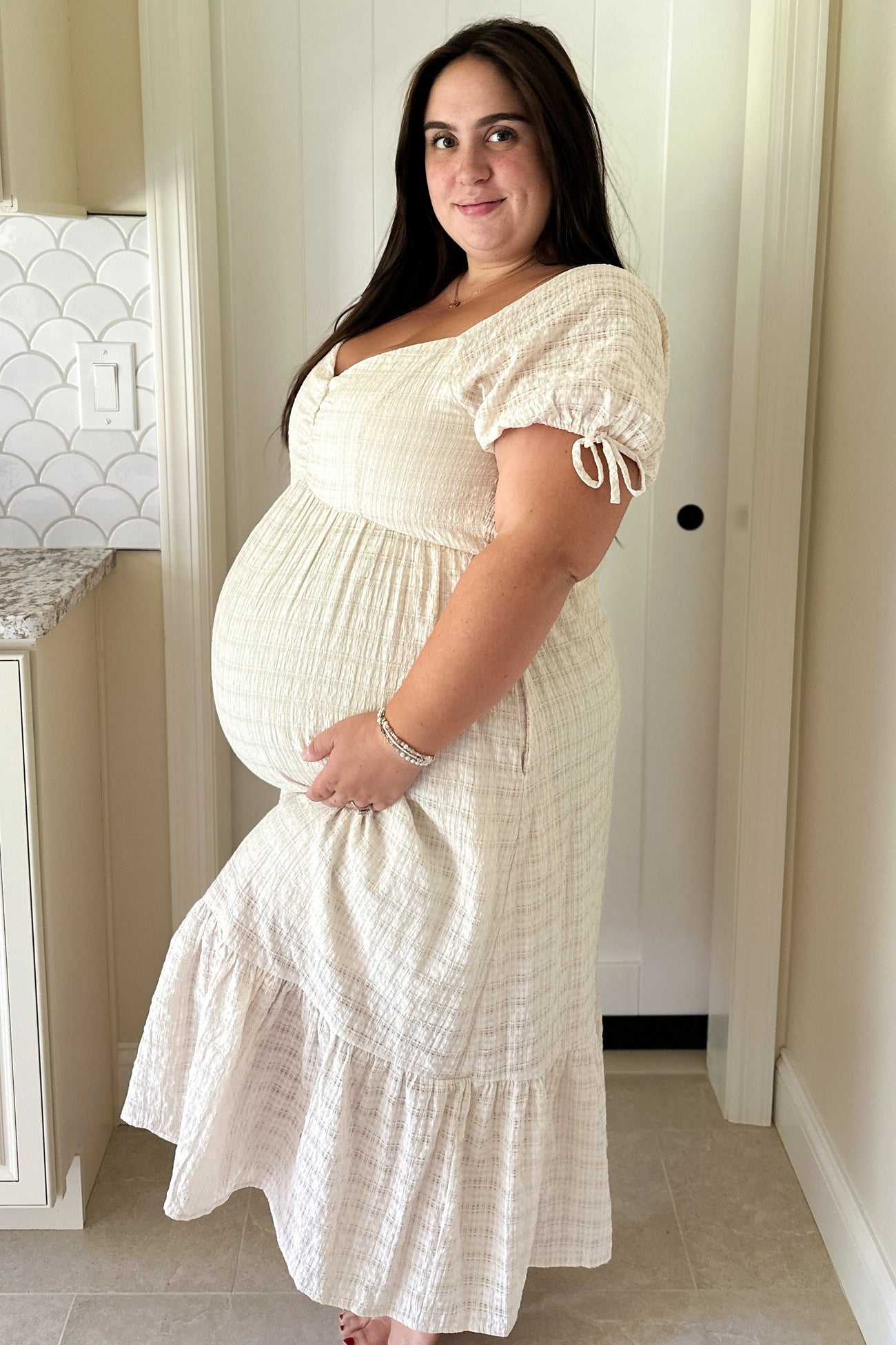 Ivory Textured Plaid Puff Short Sleeve Maternity Midi Dress