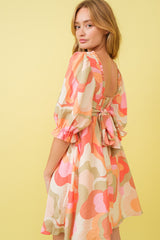 Pink Print Puff Sleeve Mini Dress