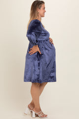 Navy Velvet Floral Ruched Neck Plus Maternity Dress