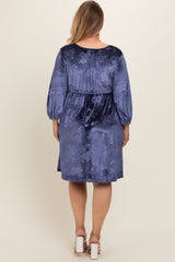 Navy Velvet Floral Ruched Neck Plus Maternity Dress